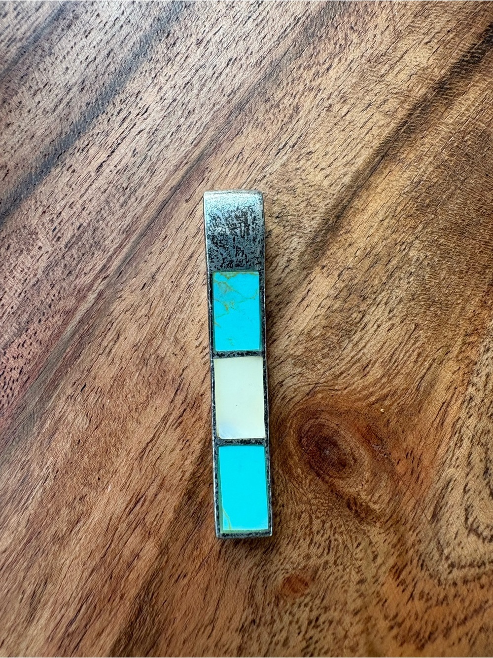 Vintage Sterling Silver Thailand Turquoise and Cream Inlay Bar Pendant